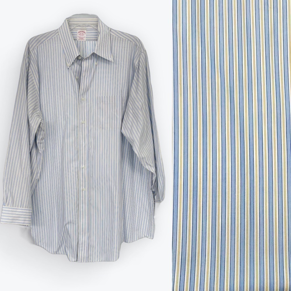 Brooks Brothers Blue Yellow Stripe Shirt Traditional fit no-iron cotton 18-34﻿﻿﻿